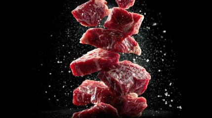 Chunks of fresh red meat with white specks of salt elegantly suspended mid-air. The dynamic composition showcases the raw, natural beauty of food