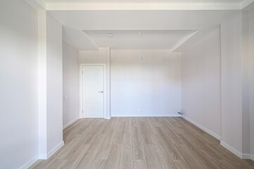 Bright, empty room with light wood floors, white walls, and a white door. Modern, minimalist design