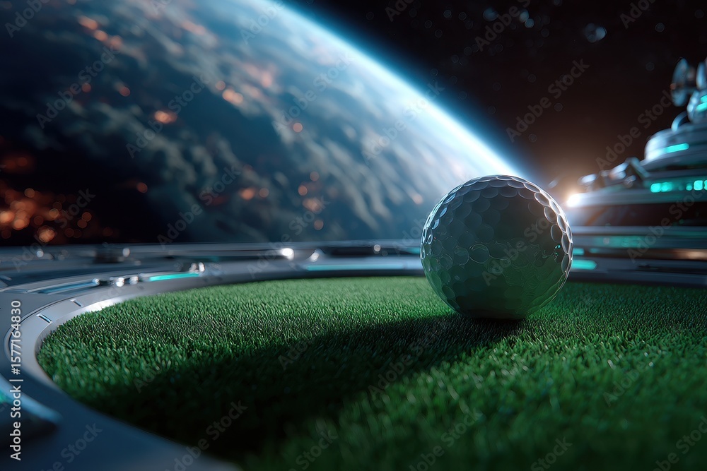 Poster golf ball resting on artificial turf in outer space with earth visible in the background at twilight