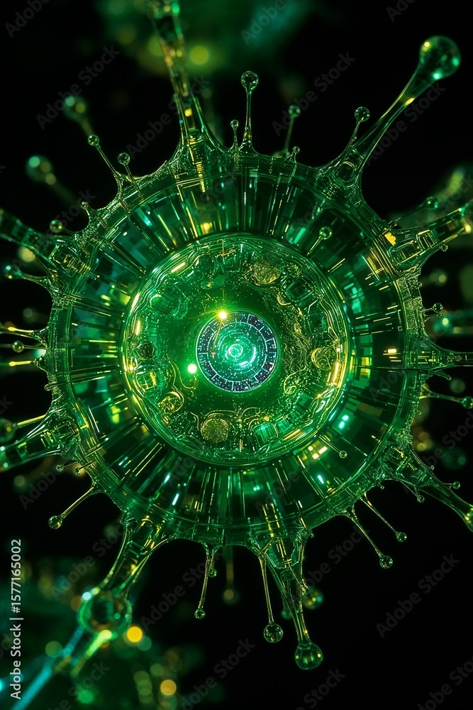 Poster a close up view of a green virus like structure with spikes and a circular center on black backgroun