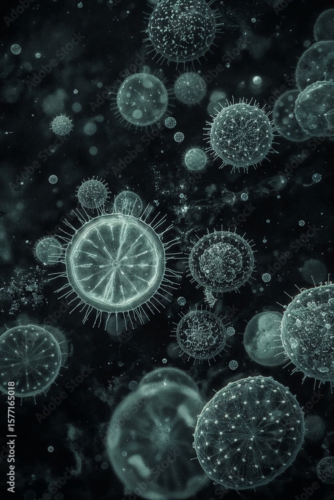 Poster microscopic view of cells and viruses floating in a dark space with a teal color scheme and details