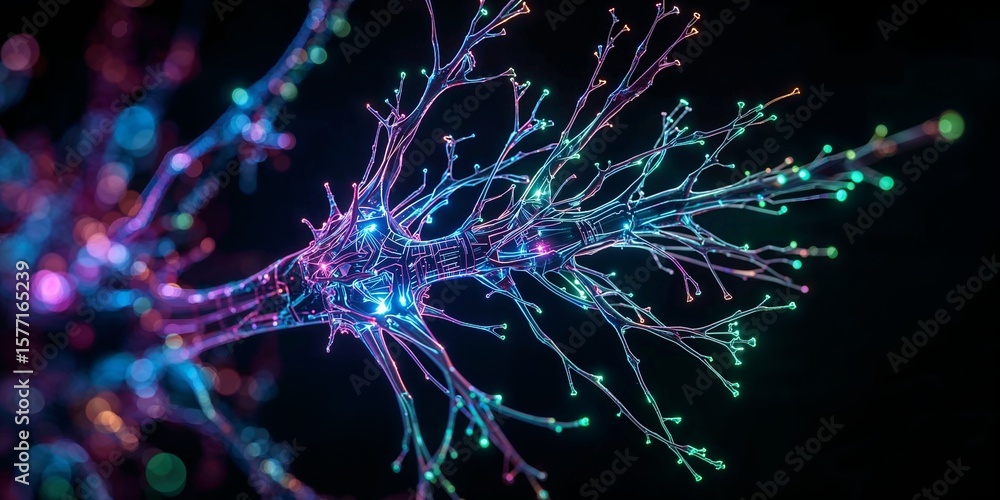 Poster abstract glowing neuron structure with branching filaments against a dark background view close up