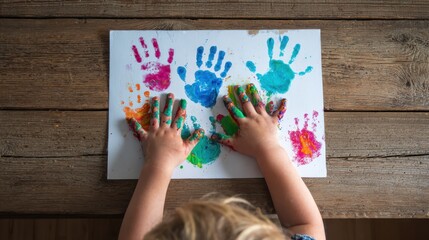 Handprints painting on paper with hands of a child, creating art at home