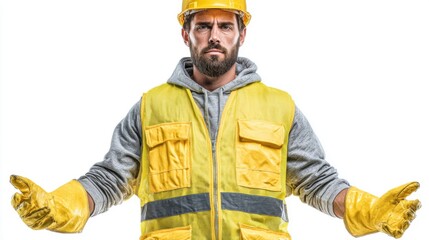 Construction worker in yellow safety vest and helmet. He has a serious expression and is wearing yellow gloves. His arms are outstretched.