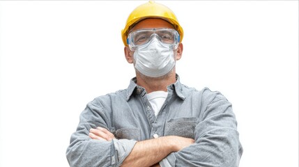 An engineer in a yellow hard hat, safety glasses, and face mask, ready for work. He stands with arms crossed, looking determined