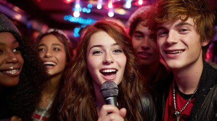 Karaoke night fun with friends singing together. A young woman is singing into a microphone while surrounded by her friends, enjoying themselves at a karaoke bar.