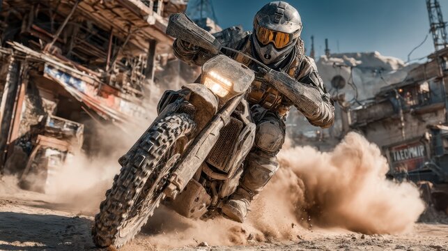 A biker riding a motorcycle through a dusty terrain, kicking up a cloud of dust in their wake. The biker is wearing protective gear, and the scene evokes a sense of adventure and speed.