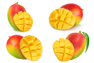 Collection of mango on isolated white background. Mango with leaves, slices and whole.