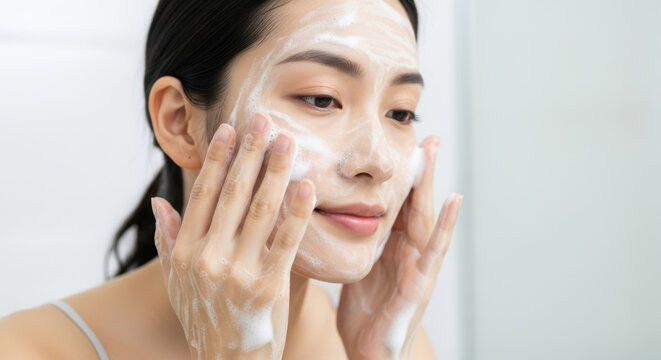 A young asian woman gently washes her face with cleansing foam, promoting healthy and radiant skin