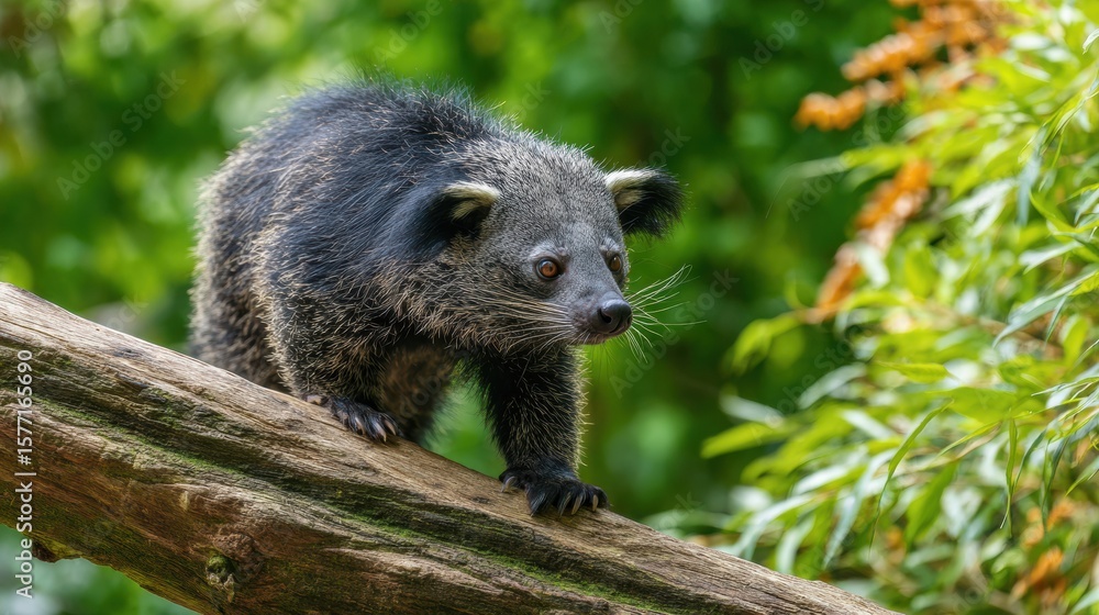 Poster binturong exploring a log in a lush environment with soft light illuminating its unique features