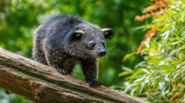 Fototapeta Binturong Exploring a Log in a Lush Environment With Soft Light Illuminating Its Unique Features