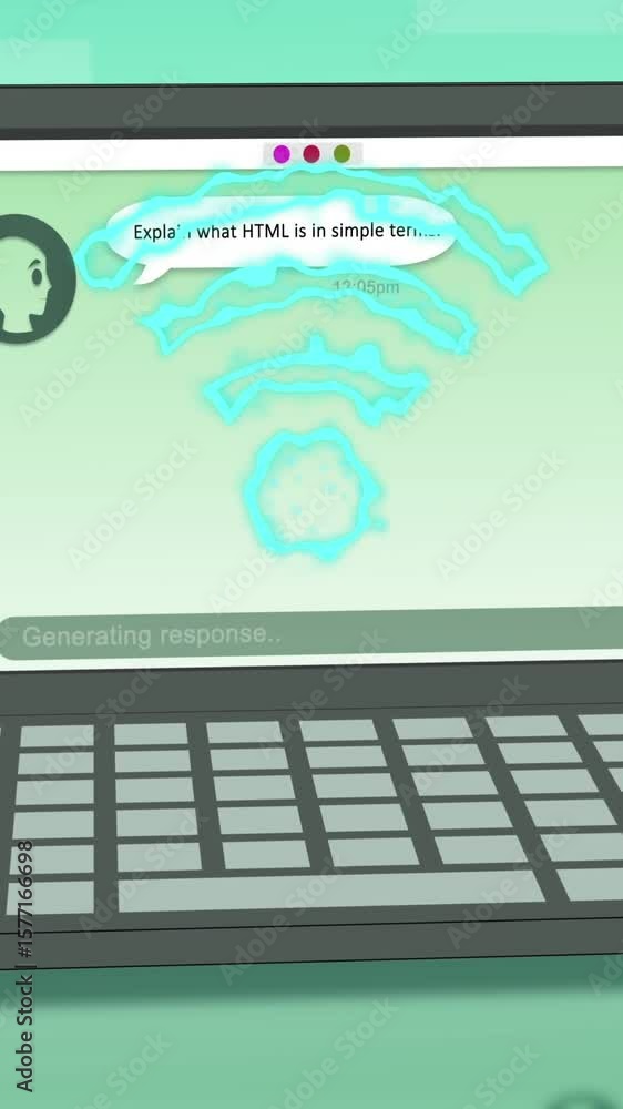 Aufkleber animation of ai chat and data processing over laptop on green background