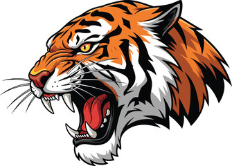 Roaring tiger head – fierce wild cat illustration with sharp fangs, intense eyes, and bold stripes for sports logo or tattoo design