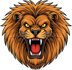 Fierce roaring lion head – aggressive wild animal mascot with detailed mane, sharp teeth, and angry eyes for sports or tattoo design
