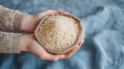 Hand holding rice zakat still life