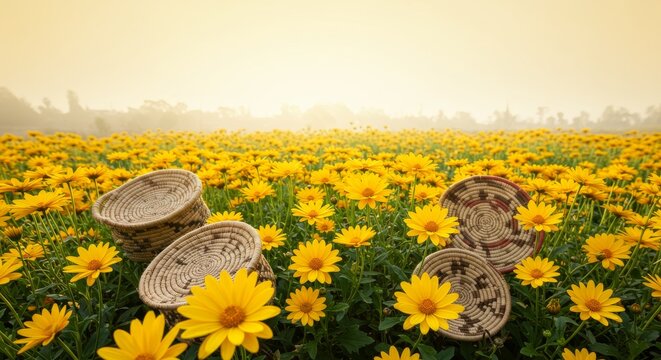 Yellow Meskel daisies in full bloom in a traditional Ethiopian woven basket
