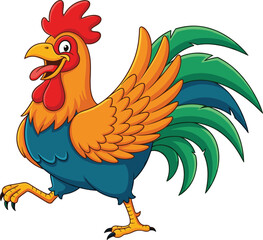 Colorful cartoon rooster mascot – cheerful farm bird character with red comb, vibrant feathers, and big smile for children’s illustrations