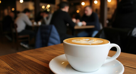 Fototapeta premium A closeup of a white cup of latte coffee with art on the foam sits on a wooden table in a cafe