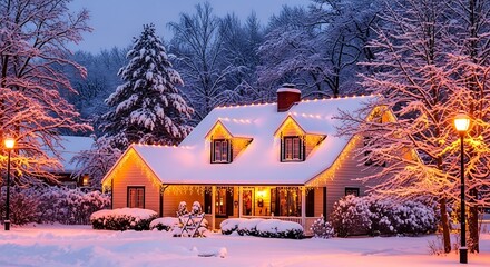 Winter Wonderland: Festive Home Decorated with Christmas Lights in Snowy Landscape