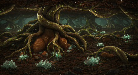 Mystical Underground Forest with Glowing Roots and Crystals