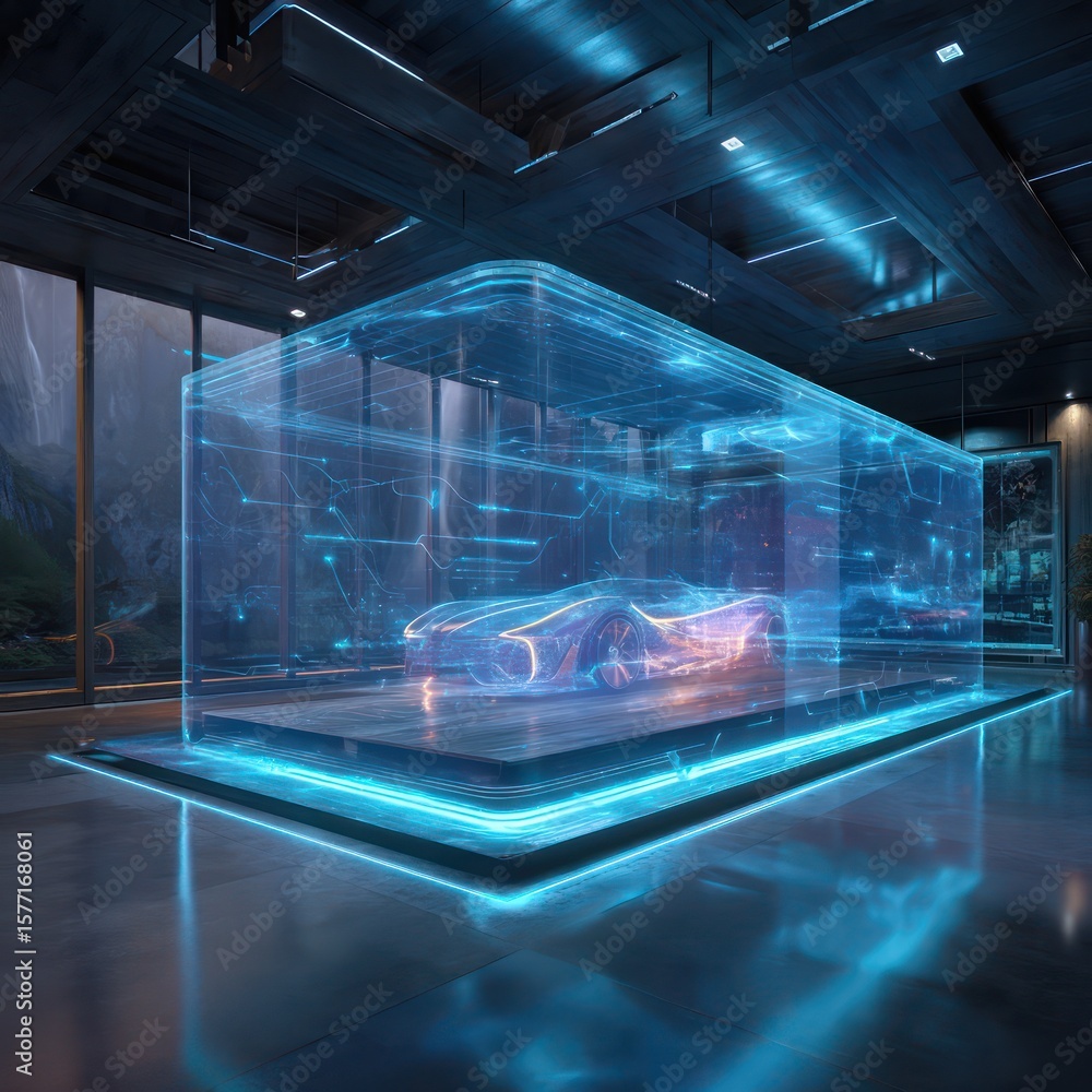 Aufkleber transparent display with 3d graphics floating in the air, enhancing the futuristic room setting.