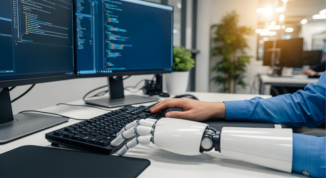 Human and robotic hands collaborate on a keyboard, symbolizing advanced technology and future innovation in a modern workspace. - Powered by Adobe
