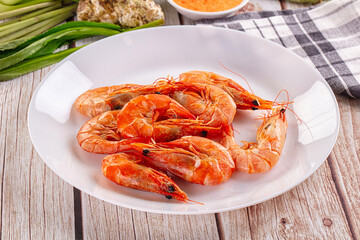 Delicous boiled tiger prawn with sauce