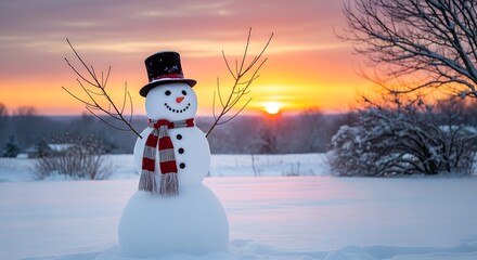 Winter Wonderland: A Majestic Snowman at Sunset