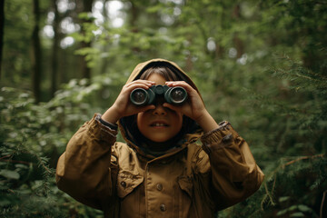 Obraz premium Exploring the forest with binoculars from a low vantage point