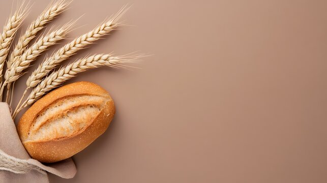 Freshly baked golden bread roll with several wheat ears and linen cloth on a warm brown background