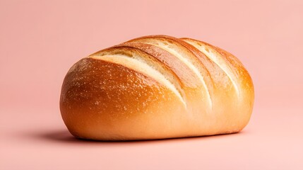 Freshly baked golden crusted loaf of bread with distinct scoring marks on a vibrant pink background