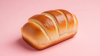A freshly baked golden brown loaf of segmented bread rests horizontally on a vibrant pink background