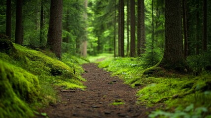 Fototapeta premium deep forest trail with moss-covered ground, serene environment, no people