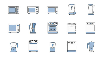 Collection of kitchen appliances icons depicting common devices with blue accents and outlines