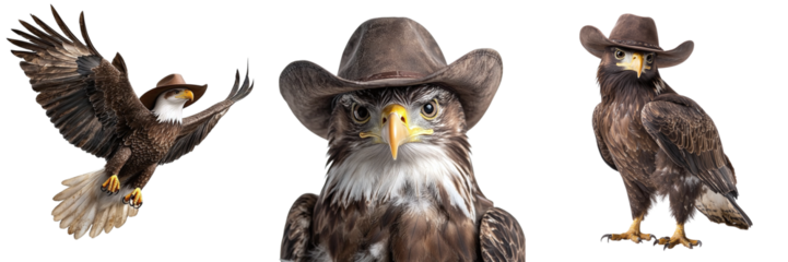 Set of eagles in cowboy hat isolated on transparent background PNG