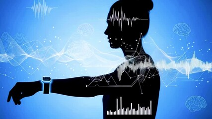 Silhouette of a woman monitoring health data with a smartwatch against a blue background featuring graphs - Powered by Adobe