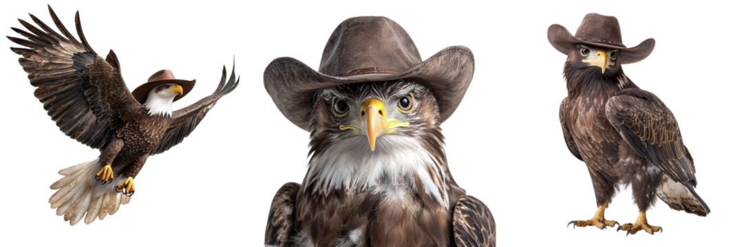 Set of eagles in cowboy hat isolated on transparent background PNG