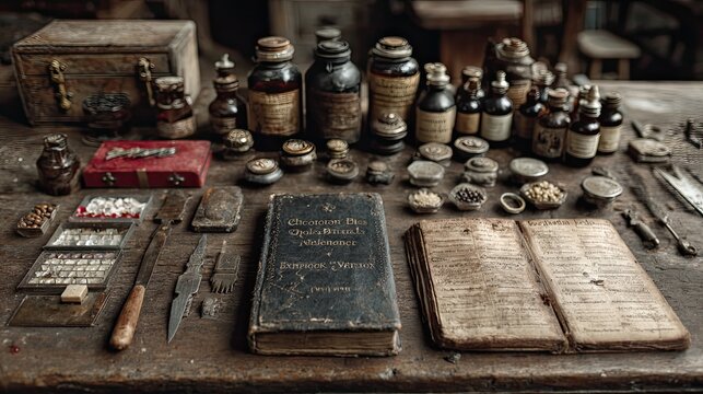 Preservation week medical heritage archive scene with vintage tools, healthcare history collection concept for ads