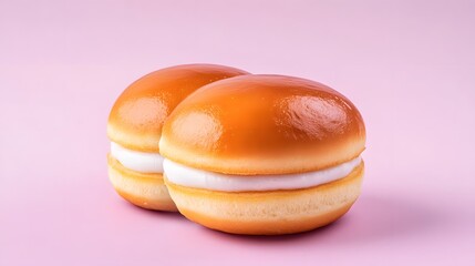 Two golden brown sweet buns each filled with white cream on a vibrant pink background