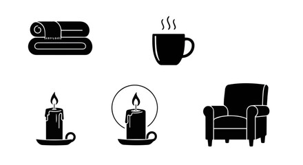 Cozy Relaxation: Icon Set Depicting Warmth and Comfort with  Monochrome Elements