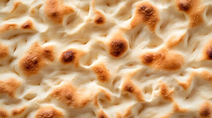 Close up full frame view of freshly baked focaccia bread with dimpled texture and golden brown spots