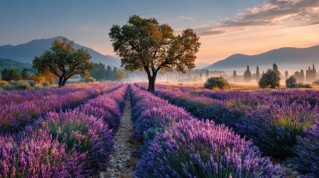Provence lavender fields sunrise landscape with purple flowers, beautiful French countryside scene concept for travel ads