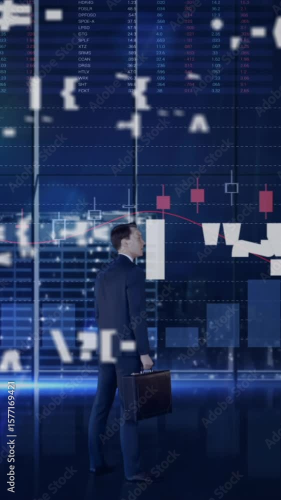 Poster digital animation showcases global network technology with icons and data processing.