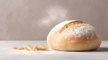 Freshly baked round loaf of white bread dusted with flour with wheat ears on a light surface Flour particles rise above