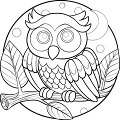 Obraz premium Cute cartoon owl perched on tree branch under full moon Vector illustration