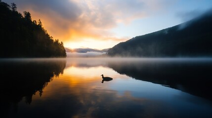 Fototapeta premium early morning lakeside view, mist and reflection, silent and undisturbed