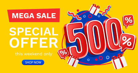 500 percent Special offer mega sale, Check and gift box. Sale banner and poster. Vector illustration.