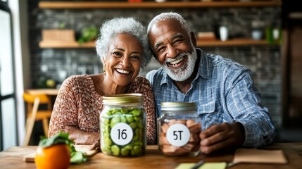 elderly couple smiling with savings jar labeled retirement