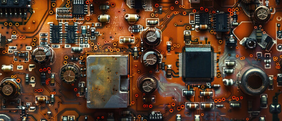 Fototapeta premium Electronic Components with Diverse Textures A macro shot of various electronic components on a PCB.