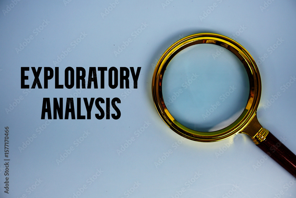 Poster exploratory analysis text with magnifying glass on blue background